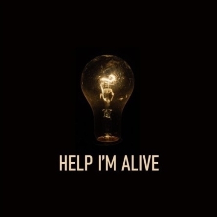 Album cover: Help I'm alive. With a light bulb on black background. 