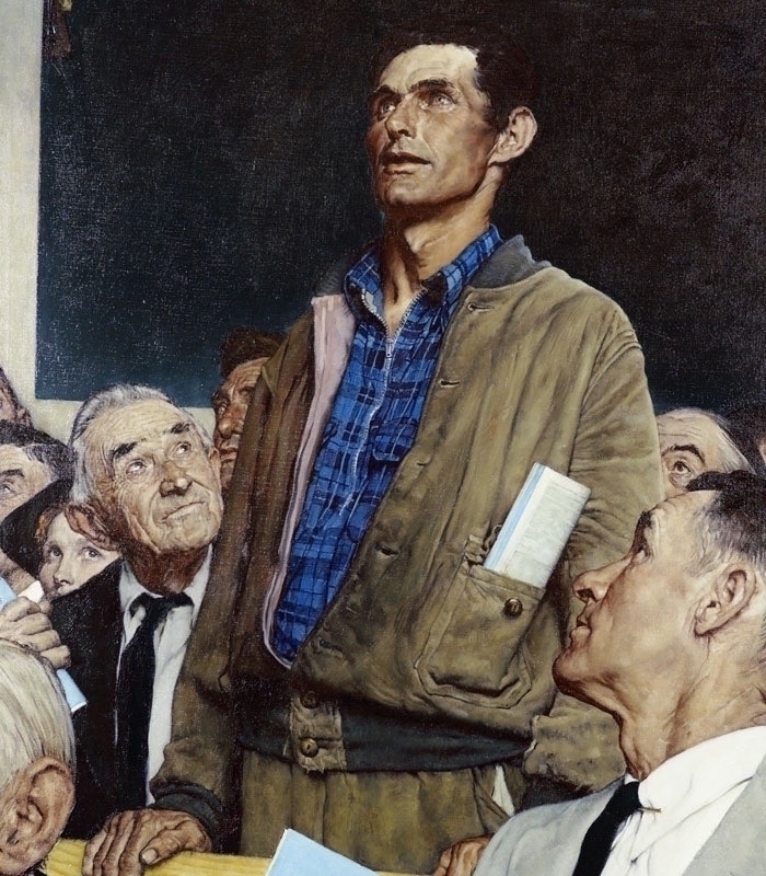 Famous Norman Rockwell painting of man standing up in a crowd of seated people. 