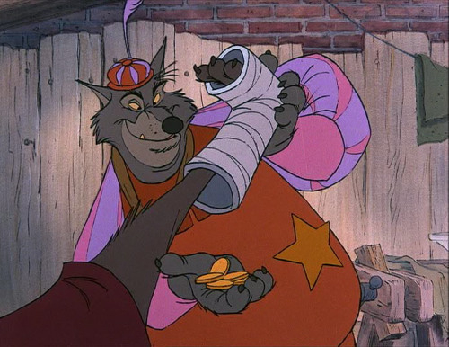 Still from cartoon Robin Hood: Sherif taking money from cast of a broken foot. 