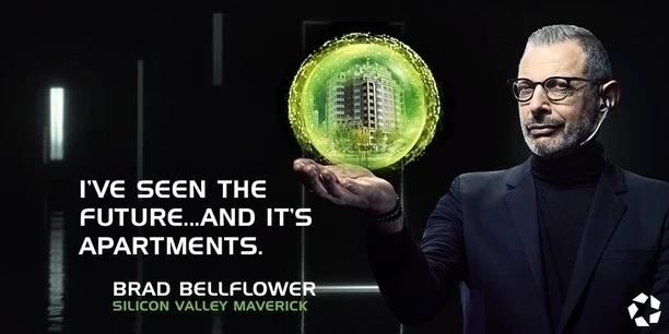 Advertisement: Jeff Goldblum holding a green glowing orb. The message says : I've seen the future and its apartments. 
