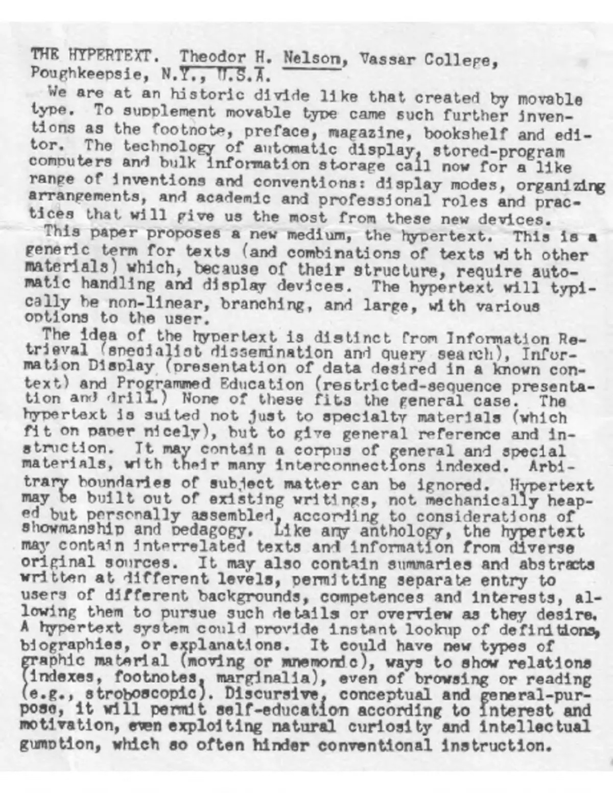 From Aeon: Ted Nelson’s original 1965 article introducing the term ‘hypertext’. Courtesy the Internet Archive/Ted Nelson