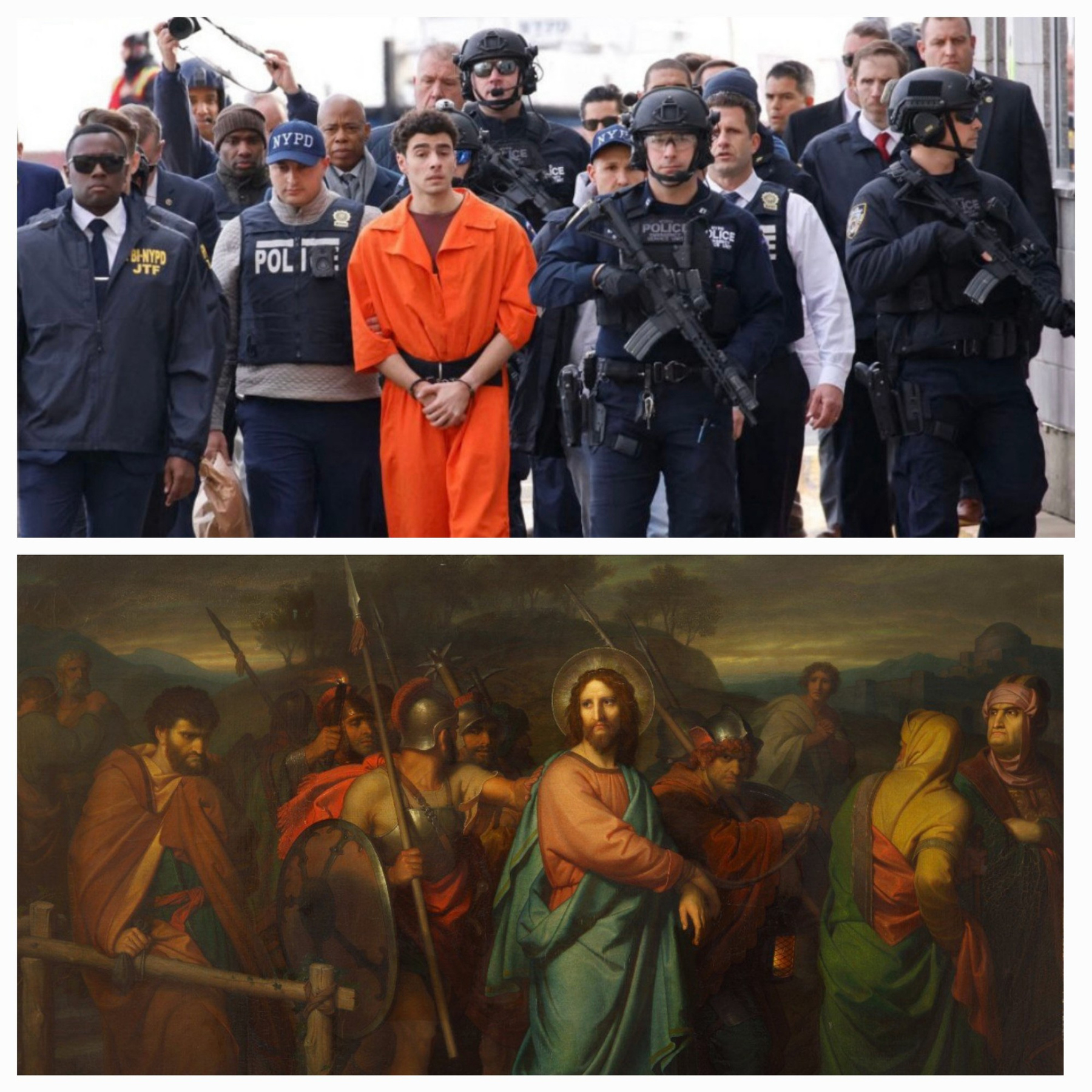 two panel: photo of man in handcuffs surround by police. Then painting of Jesus