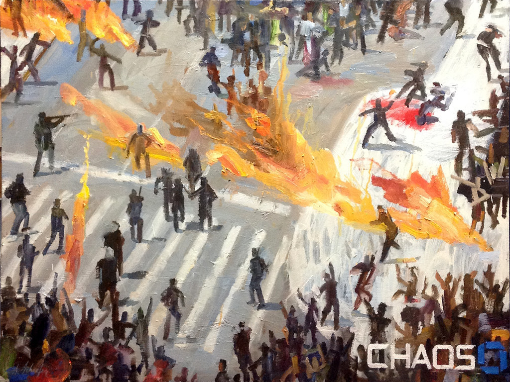 Painting of a riot with the word chaos bottom right in the style of the chase logo