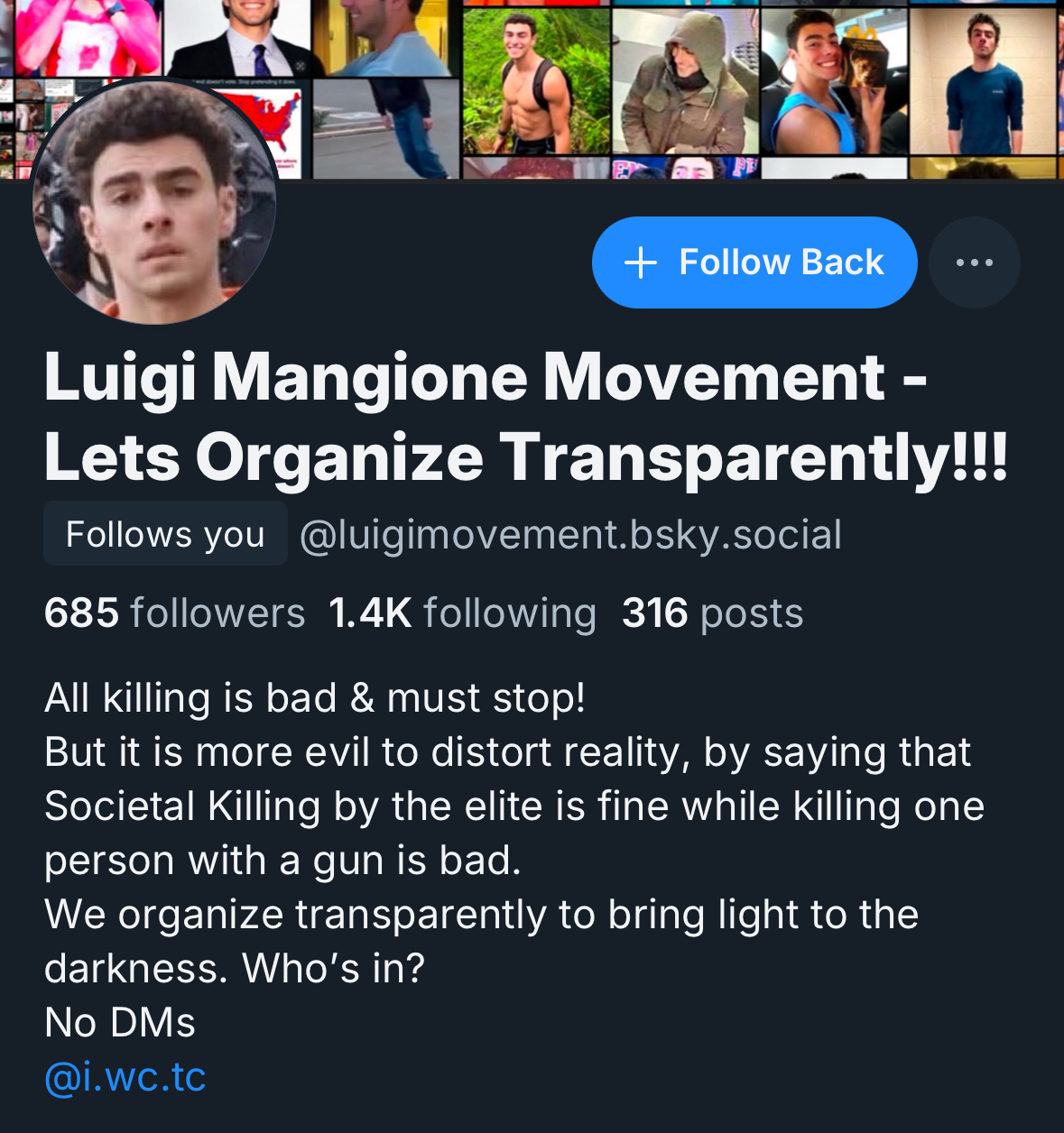 Luigi Mangione Movement - Lets Organize Transparently!!!&10;Follows you&10;@luigimovement.bsky.social&10;685 followers 1.4K following 316 posts&10;All killing is bad & must stop!&10;But it is more evil to distort reality, by saying that Societal Killing by the elite is fine while killing one person with a gun is bad.&10;We organize transparently to bring light to the darkness. Who's in?