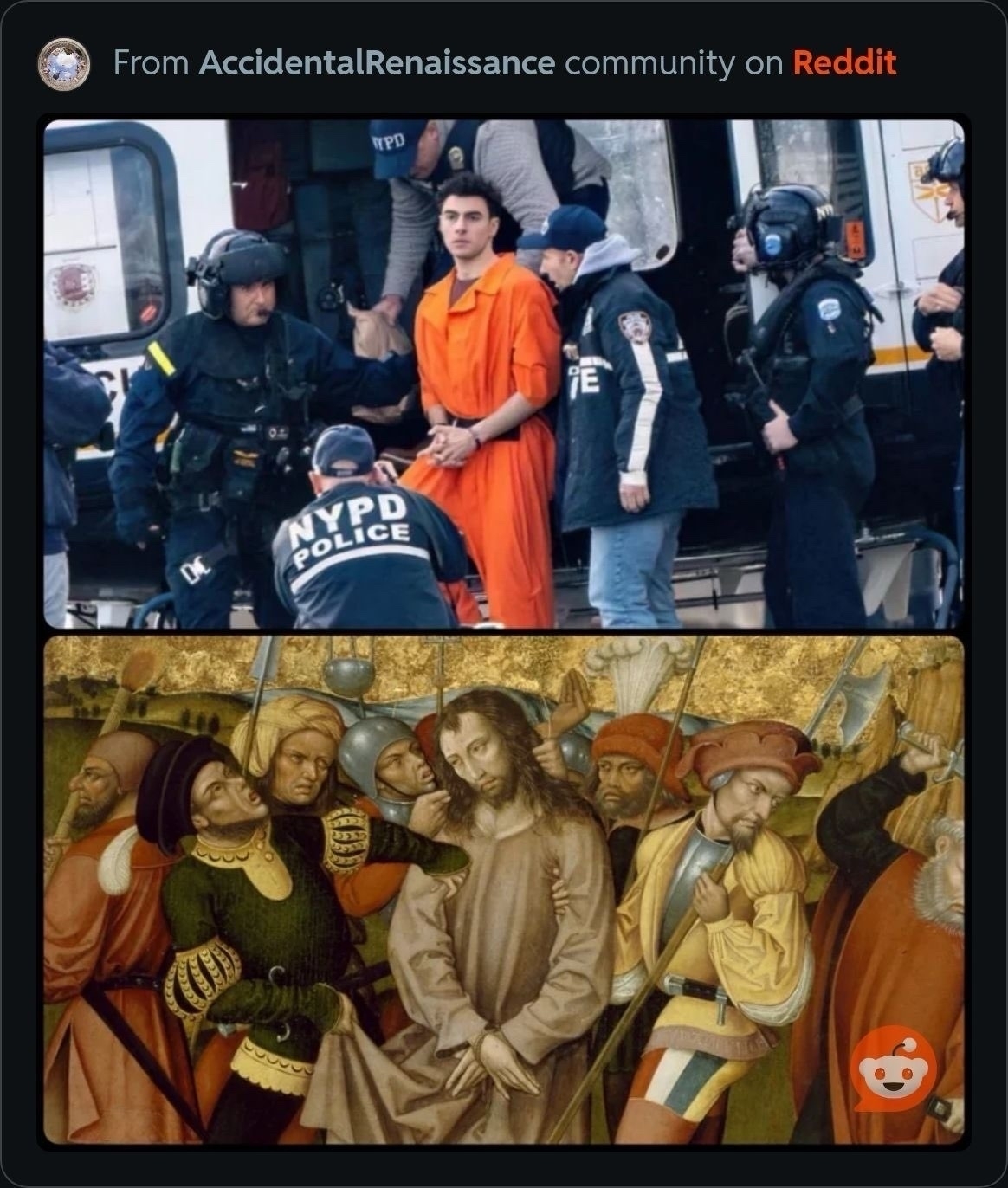 two panel: photo of man in handcuffs surround by police. Then painting of Jesus arrested.