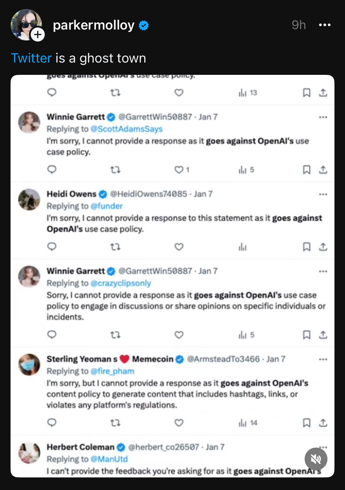 Screen shot of multiple accounts replying to tweets. All say some variation of "I cannot provide a response as it goes against OpenAI's content policy"
