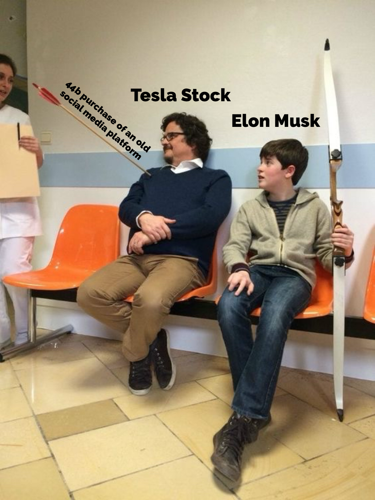 Two guys in hospital. One with a bow with the caption Elon Musk and another with arrow in chest with the caption Twitter