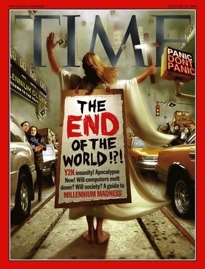 Time magazine cover 1999: depicts Jesus with an A frame on his body that reads: The End of the world??  Jesus is walking through chaotic streets of a large city. 