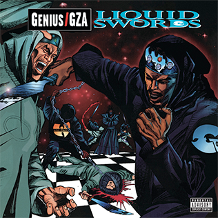 Album cover: Genius/GZA Liquid Swords. Illustration. Men fighting brutally on a chessboard. 