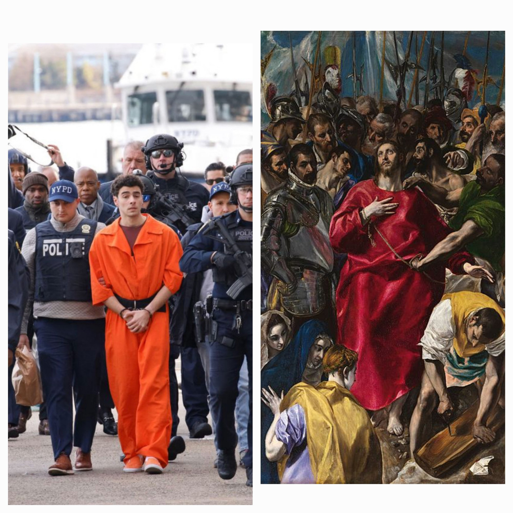 two panel: photo of man in handcuffs surround by police. Then painting of Jesus