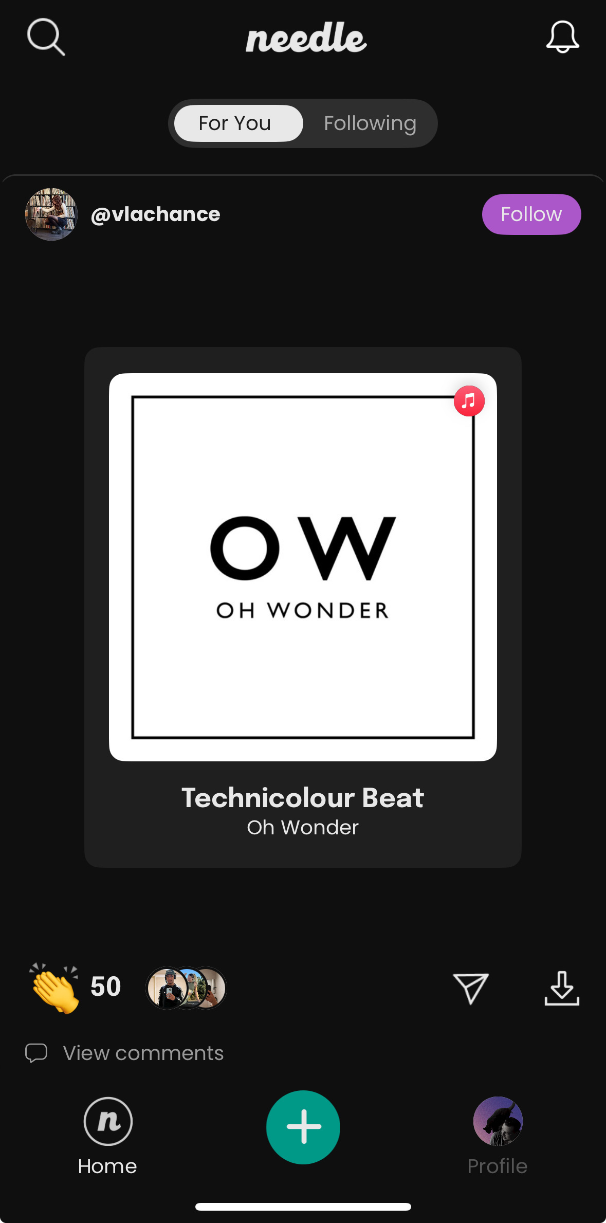 Screen shot of the app Needle with a post of a song called Technicolor Beast. 