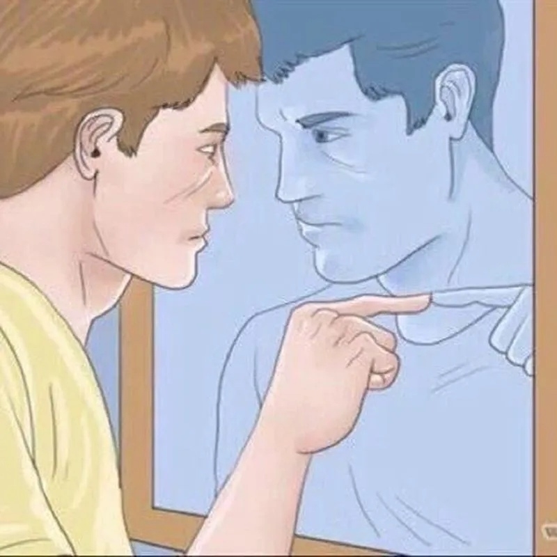 Illustration of popular meme: Guy with brown hair and yellow shirt pointing to himself in a mirror.