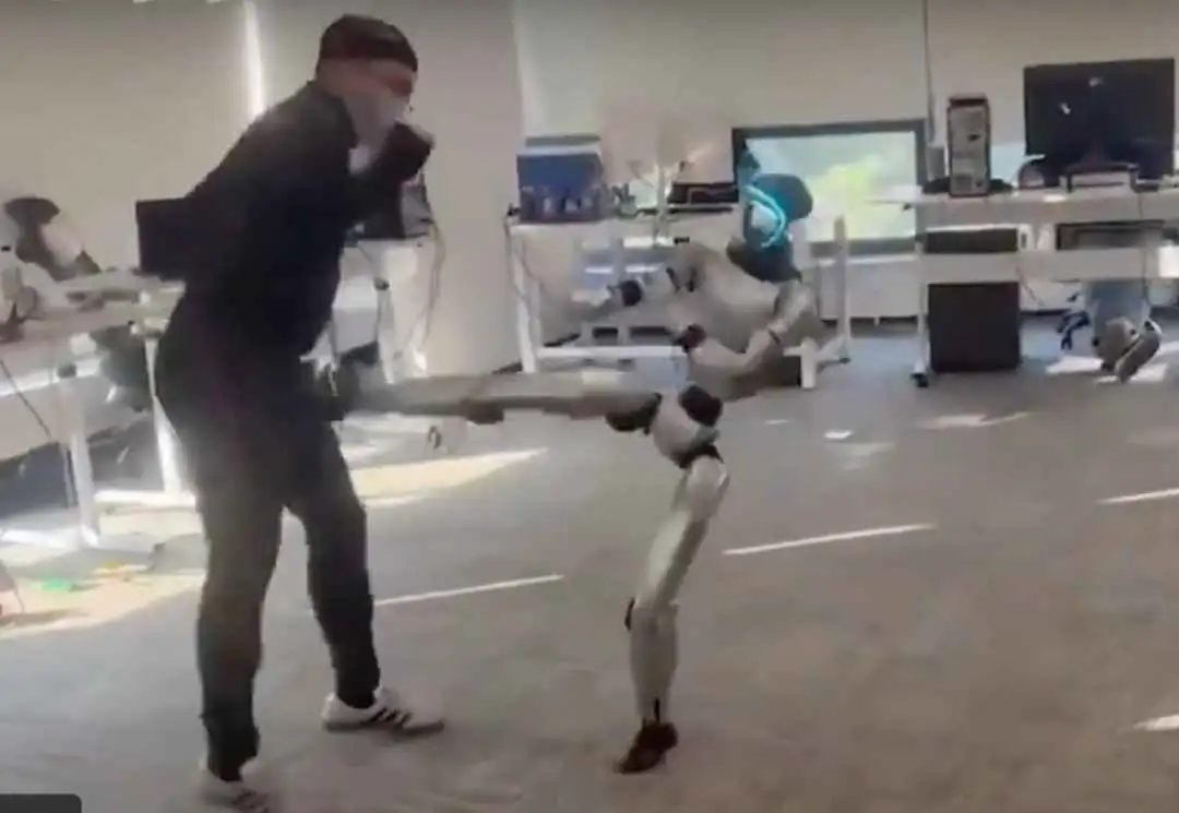 A humanoid robot kicking a man in the nuts inside an open space office. 