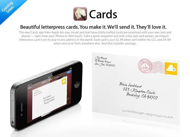 Cards app advertisement with an iPhone and an envelope. Title reads: "Beautiful letterpress cards. You make it. We send it. They'll love it."