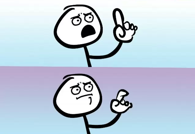 Two panel. 1: stick figure raising finger in objection. 2: stick figure lowered finger.