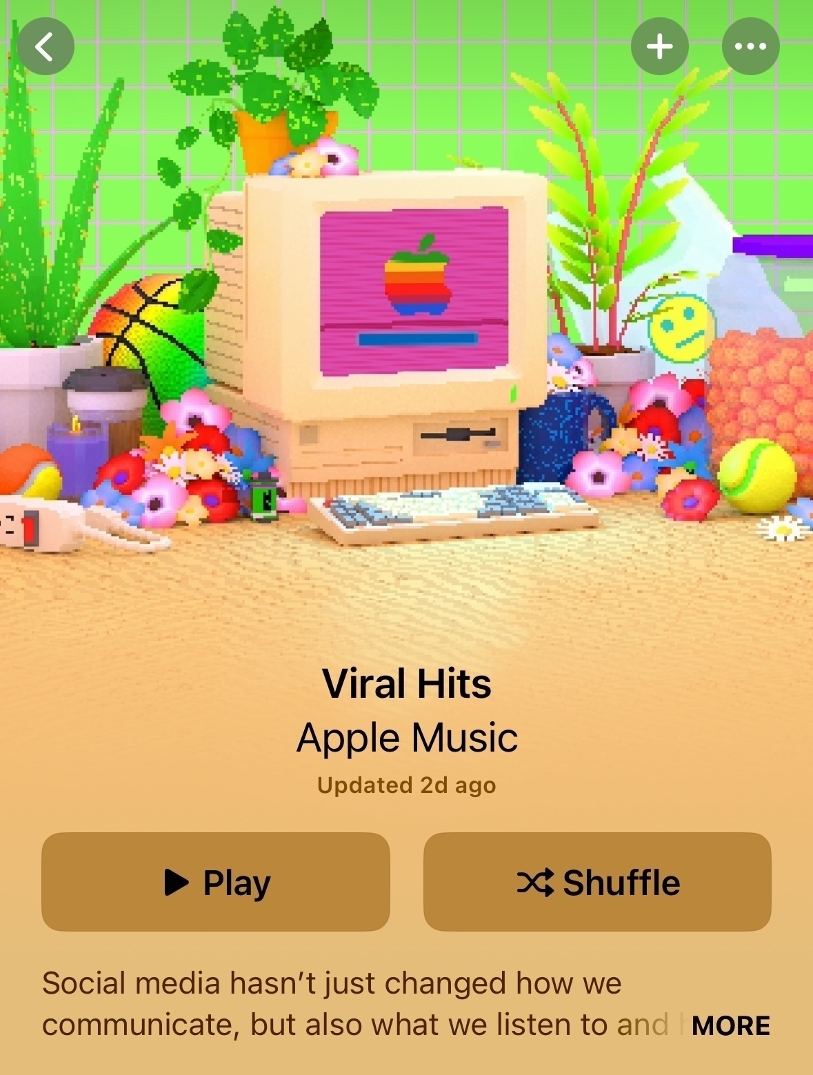 Graphic with bright colors. A retro Mac with rain Apple logo. Green background. Various items near the computer. 