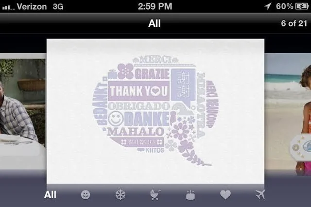 Screenshot of a thank you card in the Cards app. It depicts a text bubble with "thank you" in multiple languages. Light purple and grays. 