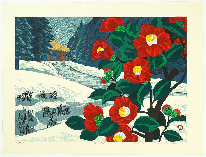 The red Camellia flowers and the winter landscape form a sharp contrast.