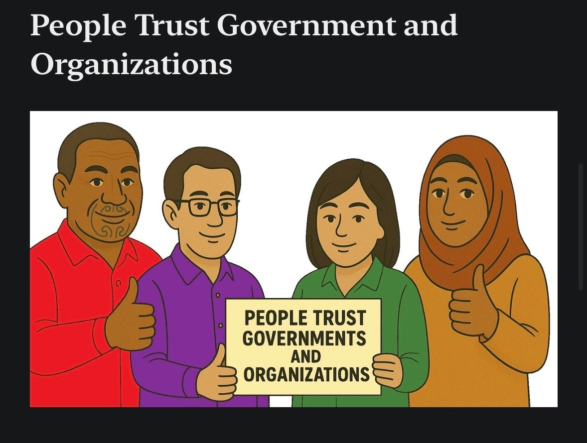 AI generated image of a multicultural group of people holding a sign that reads:&10;&10;"People Trust Governments and Organizations" 