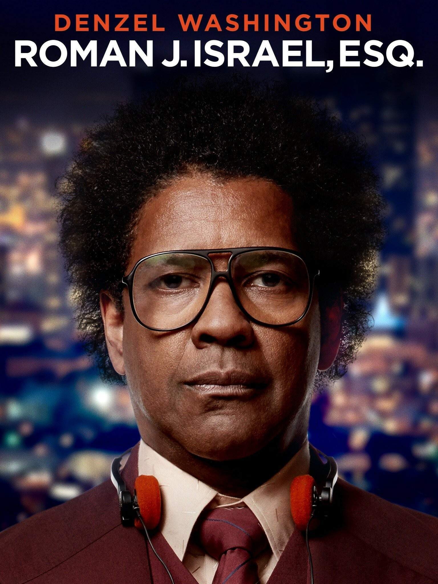 Man with glasses, a red suit, and headphones around his neck  &10;&10;Denzel Washington&10;Roman J. Israel, ESQ. 