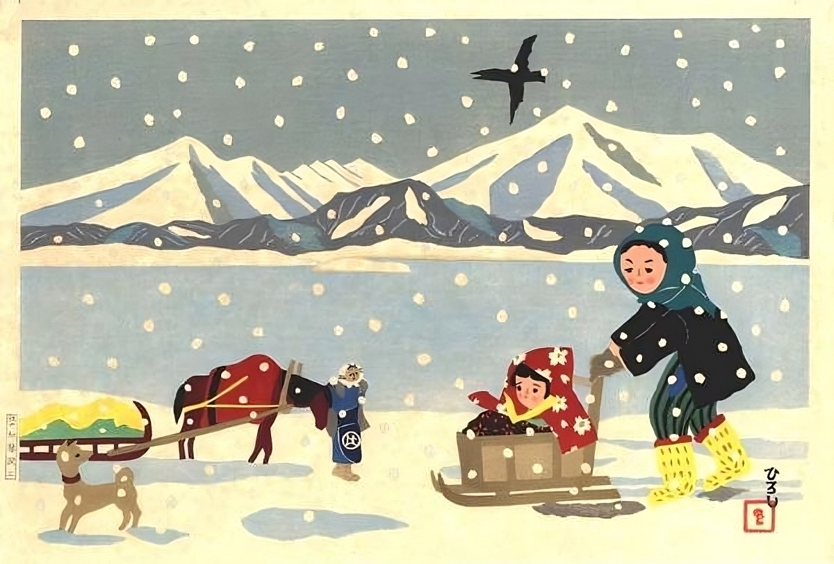 A girl pushes a baby in a sleigh while a crow flies overhead. Behind a woman leads a horse pulling a sleigh with a load on it. Light snow falls on the shore line of a lake with snow-covered mountains on the far shore. At the lower left a small dog looks back at the girls.