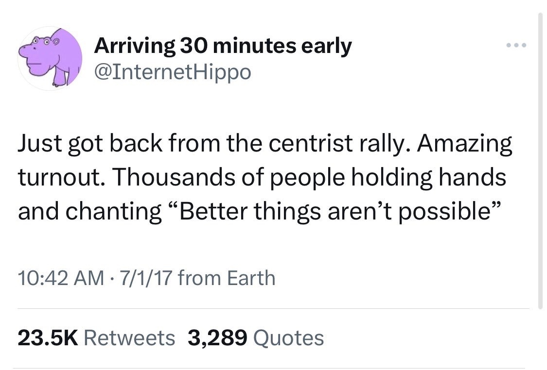 Arriving 30 minutes early&10;@InternetHippo&10;Just got back from the centrist rally. Amazing turnout. Thousands of people holding hands and chanting "Better things aren't possible"