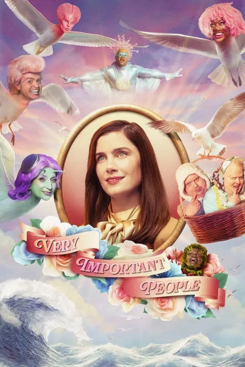 Promo poster. A women in an oval frame is in the center. A banner underneath reads "Very Important People" and it's all in the sky with clouds and sunbeams. There are weird characters floating around off to the sides. 