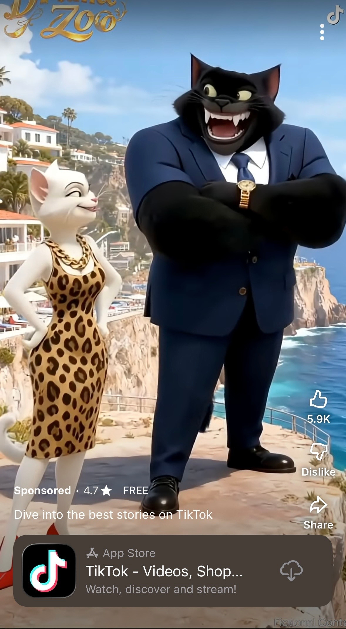 Screen shot of a TikTok ad on YouTube shorts. Two cats, one in a suite, one in a leopard print dress, look at each other smiling. At the bottom is the TikTok logo and call to action to download the app. 