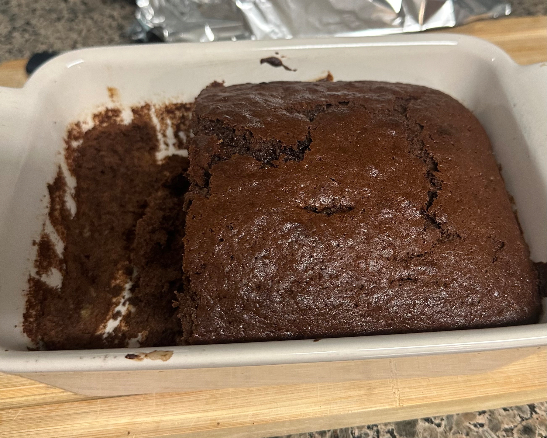 Chocolate banana bread in ceramic baking dish 