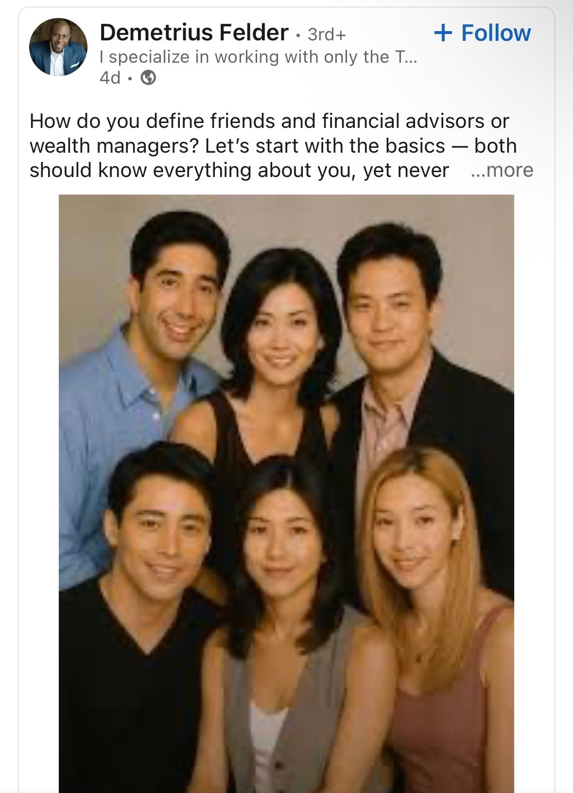 "How do you define friends and financial advisors or wealth managers? Let's start with the basics - both should know everything about you, yet never"&10;&10;Below is an AI generated photo of an all Asian cast of the show Friends lmao 