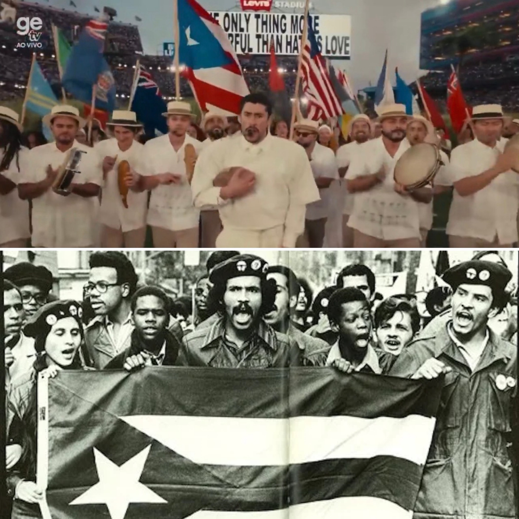 Two panel: first panel, a line of Puerto Ricans wearing all white with Bad Bunny in the middle. Puerto Rican and American flags can be seen. This is the Super Bowl halftime show. Second panel, a group of people wearing berets and holding up a Puerto Rican flag. Black-and-white photo. ￼