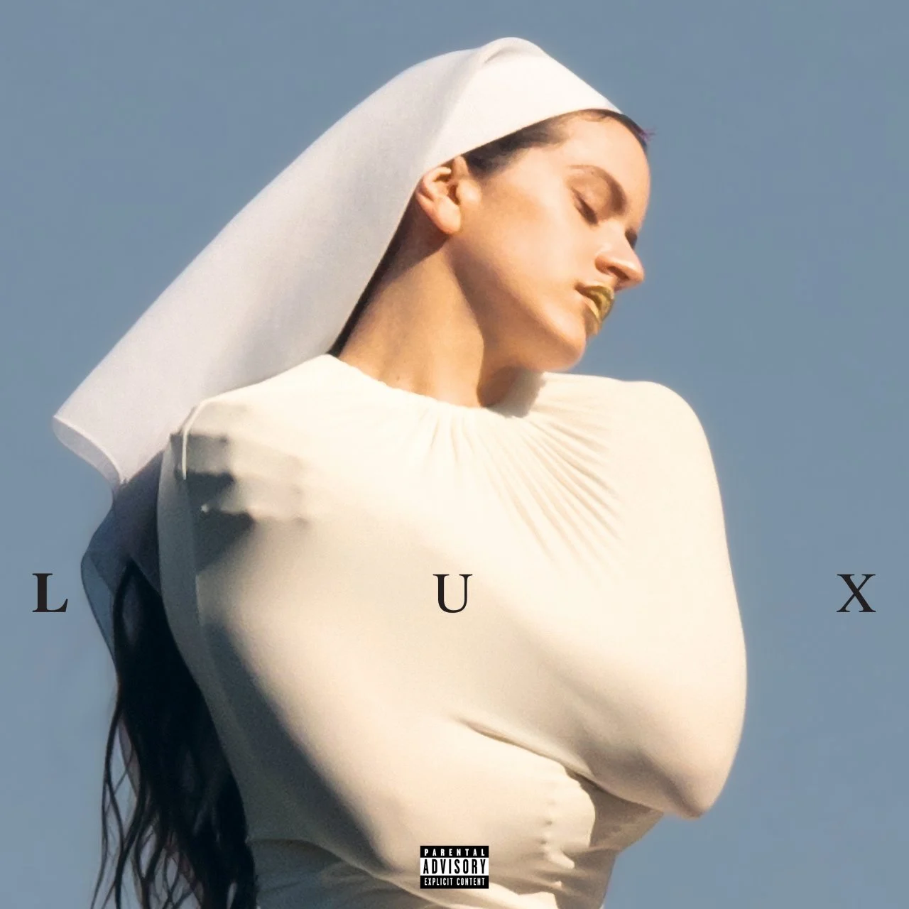 Woman wrapped in a white stretchy cloth. She's wearing cornet. Eyes closed. Powder blue background. "LUX" across. 