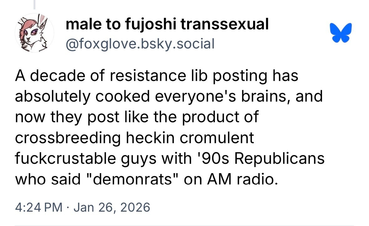 A decade of resistance lib posting has absolutely cooked everyone's brains, and now they post like the product of crossbreeding heckin cromulent fuckcrustable guys with '90s Republicans who said "demonrats" on AM radio.