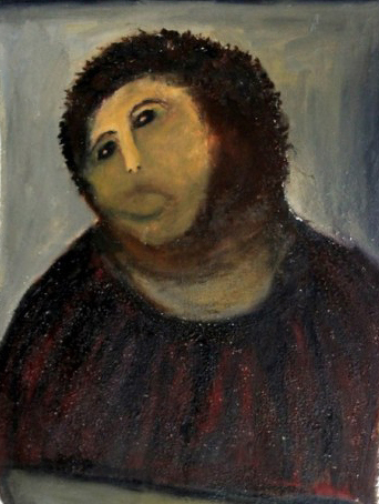 A ruined painting of Jesus with the face looks like a child painted it