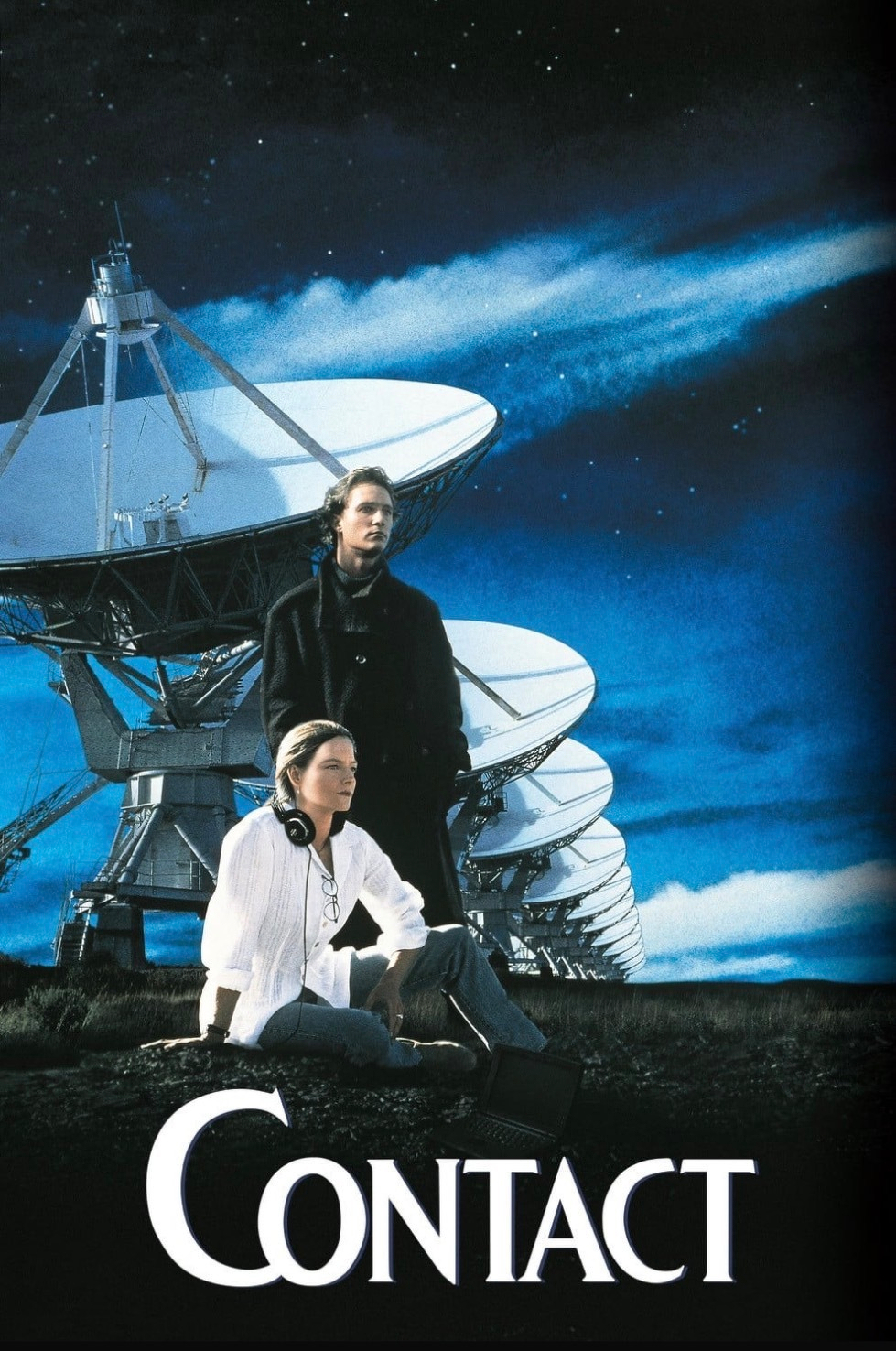 Movie poster for Contact with Jodie Foster sitting and Matthew McConaughey standing looking out into the sky. There are a row of satellites behind them.