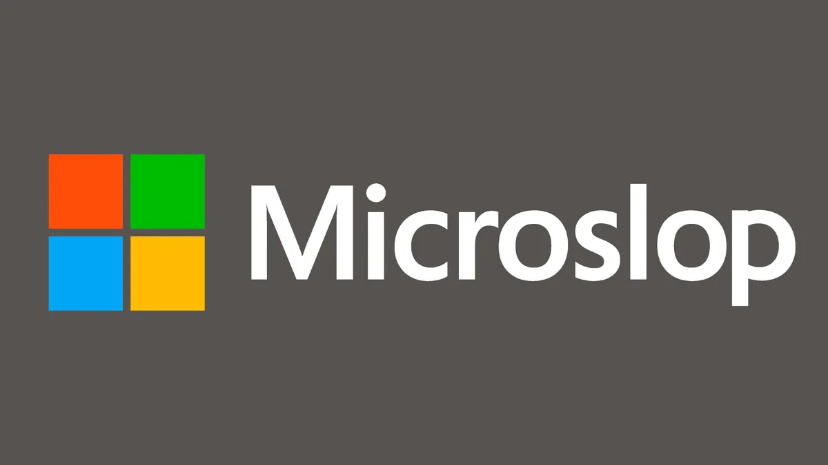 Microsoft's logo with four squares to the left. And "Microslop"